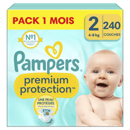 Pampers Premium Protection, Taille 2, 240 Couches, 4-8kg, Double Protection pour la peau et contre les fuites Avec Poche Stop & 