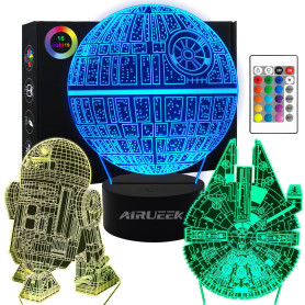 Lampe 3D Star Wars, 3 motifs, 1 socle, 1 télécommande, Motif Star Wars R2-D2, Étoile de la mort, Faucon Millenium, Avec télécomm Lampe 3D Star Wars, 3 motifs, 1 socle, 1 télécommande, Motif Star Wars R2-D2, Étoile de la mort, Faucon Millenium, Avec télécomm