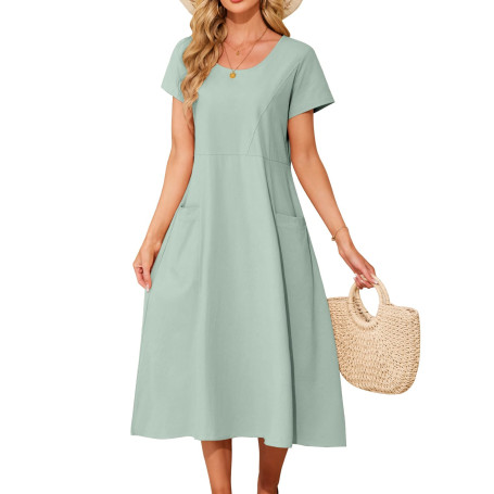 Niwicee Robe Ete Femme Robe col Rond à Manches Courtes Mi-Longue Jupe Décontractée en Coton Couleur Unie Robe Chic et Elegant D'