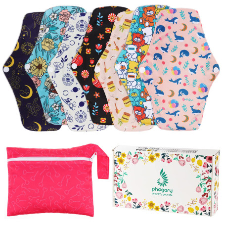 PHOGARY Serviette Hygiénique Lavable, Lot de 7 Serviettes Hygiéniques Réutilisables avec 1 Sac de Rangement, pour Flux Abondant 