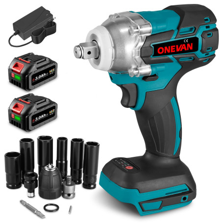 ONEVAN cle a choc sans fil brushless, boulonneuse a choc 1/2" acec 2x3.0Ah batteries et chargeur, 300nm, 2 vitesses, 2 en 1 clé