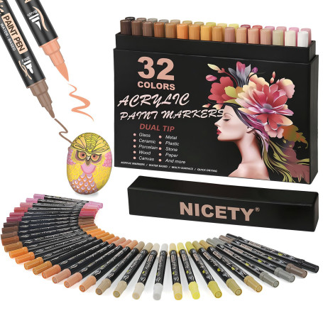 NICETY 32 Couleurs Feutres Acryliques - Marqueurs à Double Pointe Pinceau pour Peinture sur Roches, Bois, Verre, Céramique - 0.5