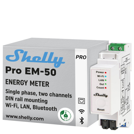 Shelly Pro EM 50A - Compteur électrique monophasé à 2 canaux LAN, Wi-Fi, Mesure énergie photovoltaïque, Pinces ampermétriques in