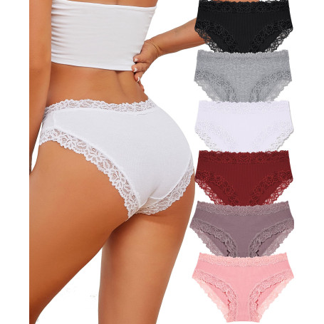 ALL OF SHE Lot de 6 sous-vêtements en Coton Caleçons Femmes Slip Dentelle Culotte Soft Hipster Sexy Panties Underwear Women Mult