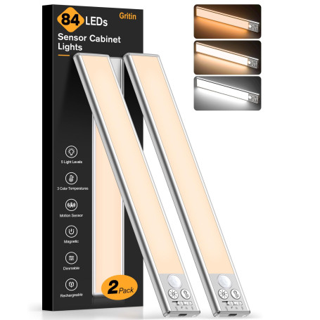 Gritin Lampe de Placard-84 LED Super Lumineuses, 26CM, 3 Couleurs&5 Luminosités, 4 Modes, Détecteur de Mouvement,Rechargeable 18