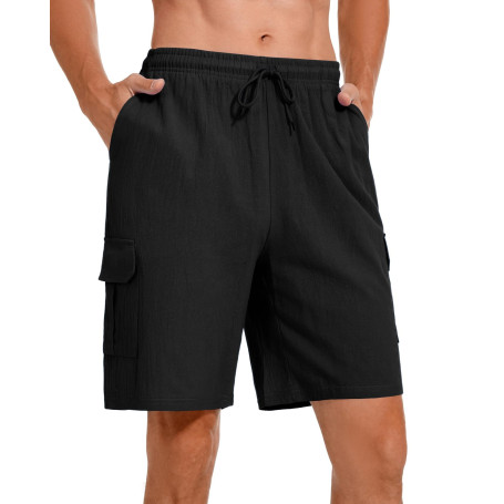 Atxnn Short Homme et Coton Lin Shorts Cargo d'été Taille Élastique Bermudas Pantalon Court Multipoche Cordon de Serrage