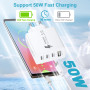 Chargeur USB C Rapide 50W, Prise USB C Multiple 4 Port PD+QC Chargeur Type C Charge Rapide Adaptateur Secteur USBC Chargeur Rapi