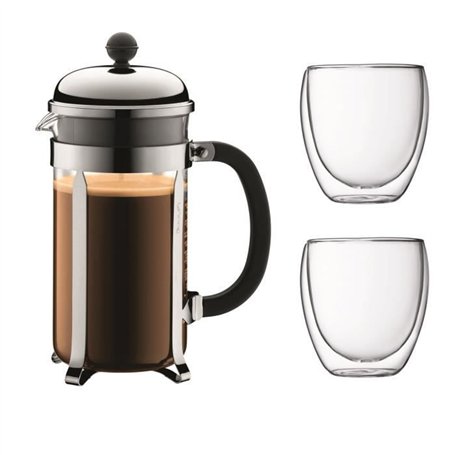 BODUM CHAMBORD Set cafetiere a piston - 8 tasses -  1L - Gris - Avec 2 verres double paroi Pavina 0