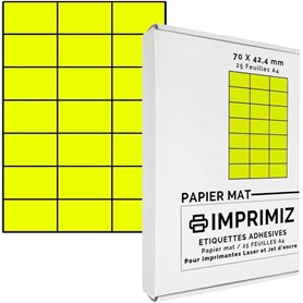 525 étiquettes autocollantes Jaune fluo de 70 X 42 mm - 21 étiquettes/feuille - 25 planches papier A4 adhésif couleur - pour imp 525 étiquettes autocollantes Jaune fluo de 70 X 42 mm - 21 étiquettes/feuille - 25 planches papier A4 adhésif couleur - pour imp