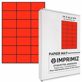 525 étiquettes autocollantes Rouge fluo de 70 X 42 mm - 21 étiquettes/feuille - 25 planches papier A4 adhésif couleur - pour imp 525 étiquettes autocollantes Rouge fluo de 70 X 42 mm - 21 étiquettes/feuille - 25 planches papier A4 adhésif couleur - pour imp