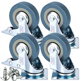 Lot de 4 roulettes pivotantes résistantes en caoutchouc avec frein 50 mm 200 kg + ajusteur gratuit Lot de 4 roulettes pivotantes résistantes en caoutchouc avec frein 50 mm 200 kg + ajusteur gratuit