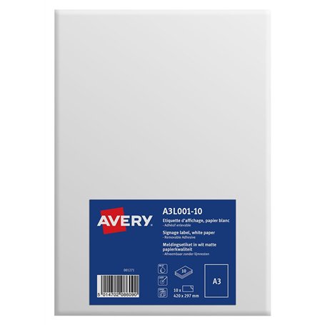 Avery A3L001-10 Pack de 10 Etiquettes d'affichage Amovible A3 420 x 297 mm Blanc