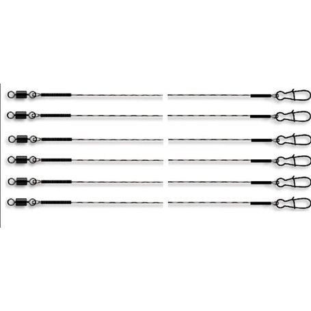 Lot : 6 powerflex 7 x 7 Bas de ligne acier super souple avec émerillon - 20 kg - Longueur 50 cm + Autocollant Petri Heil!