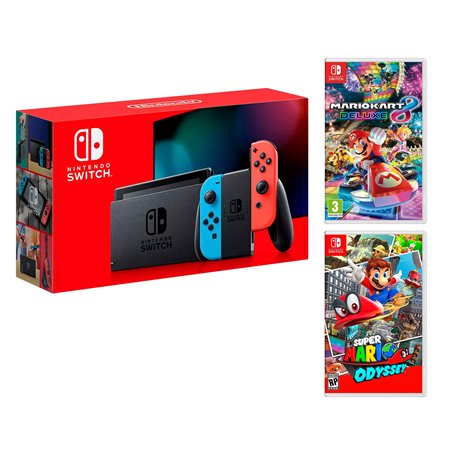 Nintendo Switch console Rouge/Bleu Néon 32Go + Super Mario Odyssey + Mario Kart 8 Deluxe