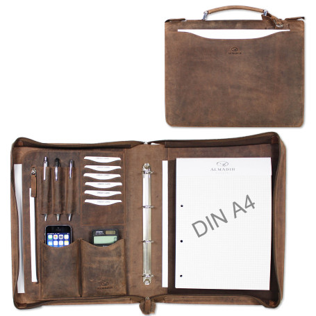 ALMADIH porte documents A4 cuir vachette avec fermeture éclair et poignée + classeur anneaux + bloc notes inclus