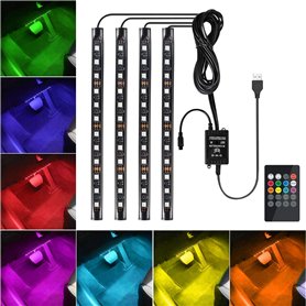 Favoto 4x12 LED Lumière de Voiture, Éclairage d'ambiance Intérieur de Auto avec Port USB et Télécommande, Bande de Lampe Couleur Favoto 4x12 LED Lumière de Voiture