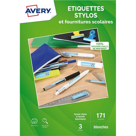 Avery J8110-3 Lot de 171 Etiquettes imprimables pour stylos/fournitures scolaires