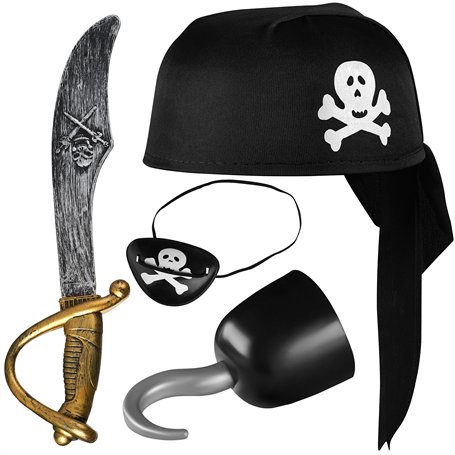 Balinco Set de pirate 4 pièces pour enfants comprenant un chapeau de pirate noir + un sabre + un cache-il + un crochet de pirate