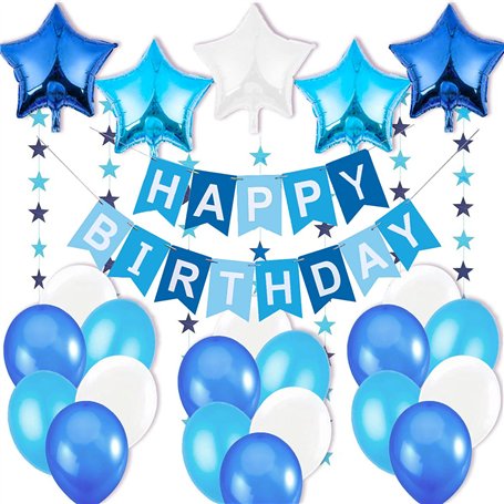 Décoration Anniversaire Garcon Deco - 1 Banderole Bannière Joyeux Anniversaire “Happy Birthday” +5 Ballons Aluminium Etoiles + 6