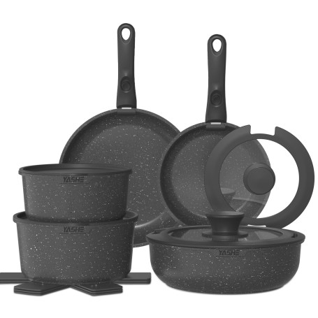 YASHE Batterie de Cuisine 15 Pièces, Poêles et Casseroles avec Revêtement Antiadhésif Effet Granit, Poignées Amovibles, Empilabl
