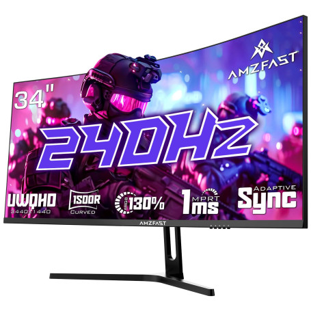 Amzfast Ecran Pc Gamer Incurvé 34 Pouces, 240Hz, UWQHD 3440x1440 (21:9), 1 ms MPRT, Eyes Care, sRGB 130%, Adaptive Sync, HDR, HD