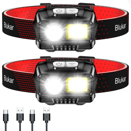 Blukar Lampe Frontale Rechargeable, [Lot de 2] 2000L Super Lumineux Étanche Léger Torche Frontale LED Puissante avec Détecteur d