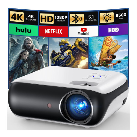 Mini Vidéoprojecteur 4K, HAPPRUN H1 Rétroprojecteur Portable 1080P Natif Bluetooth 5.1 avec Haut-Parleur Intégré Compatible Smar