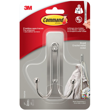 Command Crochet Double Grand Modèle en Nickel Brossé, 1 Crochet, 1 Languette, 1,8 kg - Fixe Solidement pour Décoration Murale
