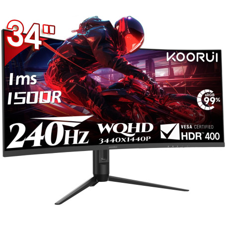 KOORUI Moniteur de Jeu incurvé 34 Pouces, WQHD 3440 x 1440, 240 Hz, réponse OD 1 ms-5 ms,HDR400,courbure 1500R,Hauteur/pivotemen