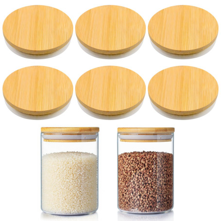 Ennoxwi Lot de 6 couvercles ronds en bambou de 80 mm avec joint d'étanchéité en silicone, réutilisables, pour la maison, la cuis