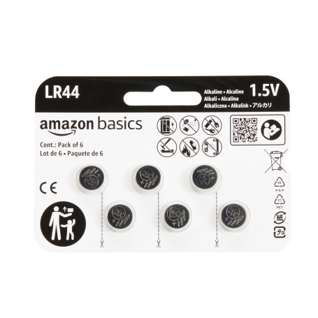 Amazon Basics Lot de 6 piles bouton alcalines LR44, 1,5 V, puissance longue durée, sans mercure