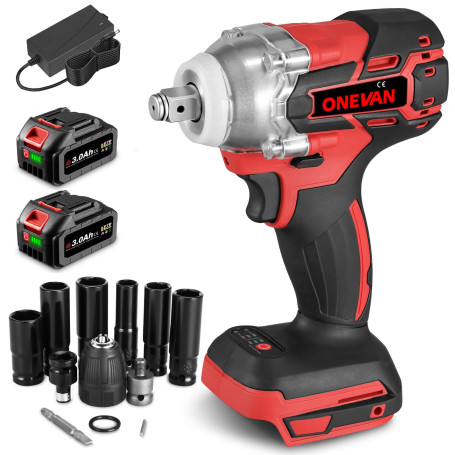 ONEVAN cle a choc sans fil brushless, boulonneuse a choc 1/2" acec 2x3.0Ah batteries et chargeur, 300nm, 2 vitesses, 2 en 1 clé