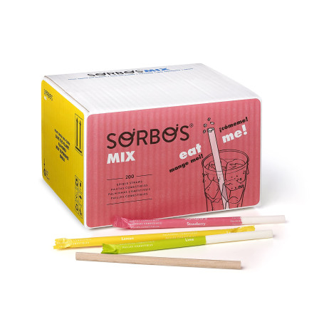 Sorbos - Pailles comestibles, saveurs variées (chocolat, citron vert, citron et fraise). Durable, emballé individuellement, sans