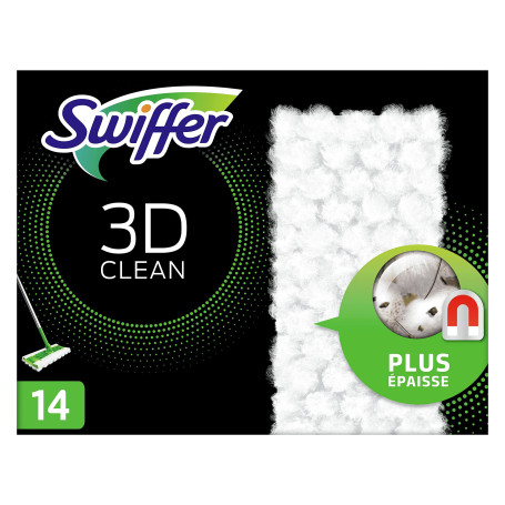 Swiffer Balai Attrape-Poussière 3D Clean Recharges Lingettes Sèches, 14 Lingettes Nettoyantes, Attrape et Retient la Poussière