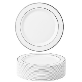 MATANA 25 Assiettes en Plastique Blanc Premium avec Bord Argenté (26cm) - Assiettes Blanches Solides, Réutilisables et Élégantes MATANA 25 Assiettes en Plastique Blanc Premium avec Bord Argenté (26cm) - Assiettes Blanches Solides, Réutilisables et Élégantes
