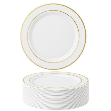 MATANA 50 Assiettes en Plastique Blanc Premium avec Bordure Dorée (26cm) - Assiettes Blanches Solides, Réutilisables et Élégante