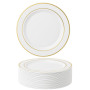 MATANA 50 Assiettes en Plastique Blanc Premium avec Bordure Dorée (26cm) - Assiettes Blanches Solides, Réutilisables et Élégante