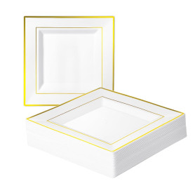 MATANA 20 Assiettes Carrées en Plastique Blanches avec Bordure Dorée, 24cm - Solides et Réutilisables - pour Anniversaires, Mari MATANA 20 Assiettes Carrées en Plastique Blanches avec Bordure Dorée, 24cm - Solides et Réutilisables - pour Anniversaires, Mari