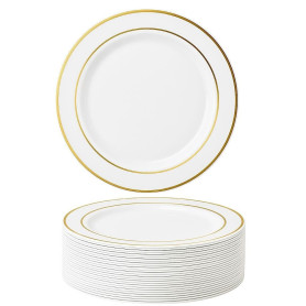MATANA 25 Assiettes en Plastique Blanc Premium avec Bordure Dorée (26cm) - Assiettes Blanches Solides, Réutilisables et Élégante MATANA 25 Assiettes en Plastique Blanc Premium avec Bordure Dorée (26cm) - Assiettes Blanches Solides, Réutilisables et Élégante