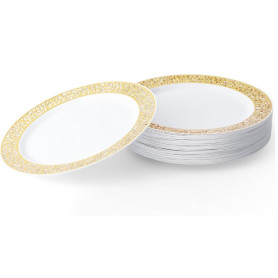 MATANA 20 Assiettes à Dessert en Plastique Blanc avec Bordure Dorée (19cm), Petites Assiettes pour Mariages, Anniversaires, Noël MATANA 20 Assiettes à Dessert en Plastique Blanc avec Bordure Dorée (19cm), Petites Assiettes pour Mariages, Anniversaires, Noël