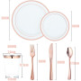 LATERN 150 Pièces Vaisselle en Plastique Réutilisable en Or Rose, Assiettes Plates, Assiettes à Salade, Couteaux, Fourchettes, C