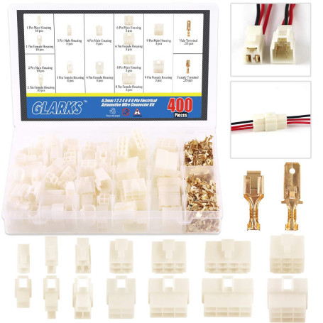 Glarks Lot de 400 connecteurs de fils électriques 6,3 mm 1 2 3 4 6 8 9 broches pour moto, vélo, voiture, bateau
