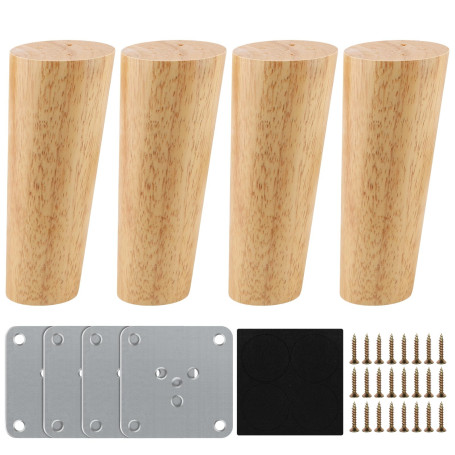 Pieds de Meuble en Bois de Rechange 12cm - Lot de 4 Avec Plaque de Montage, Vis et Tapis Antidérapant - Pour Canapé, Lit et Chai