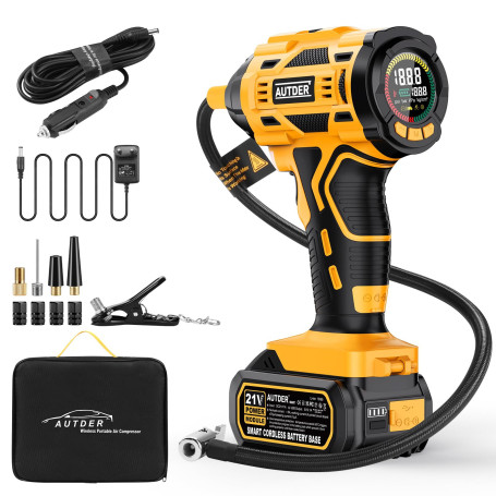 AUTDER Compresseur à Air Portatif, Gonfleur Pneus Voiture, Max 180 PSI/12.4 Bar, Compresseur Voiture sans Fil avec Batterie 21V 