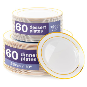 MATANA 120 Assiettes en Plastique Réutilisables Blanches Premium avec Bord Doré (60 Plates, 60 Dessert) - Solide & Incassable po MATANA 120 Assiettes en Plastique Réutilisables Blanches Premium avec Bord Doré (60 Plates, 60 Dessert) - Solide & Incassable po