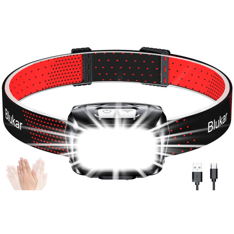 Blukar Lampe Frontale Rechargeable, 2000LM Super Lumineux Léger Torche Frontale LED Puissante avec Voyant Rouge,8 Modes d'Éclair