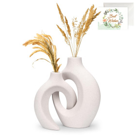 TAVADA Vase Céramique Design, Lot de 2 - Blanc pour Pampa et Fleurs Séchées - Décoration De Table Moderne pour Maison, Fête, Cen TAVADA Vase Céramique Design, Lot de 2 - Blanc pour Pampa et Fleurs Séchées - Décoration De Table Moderne pour Maison, Fête, Cen