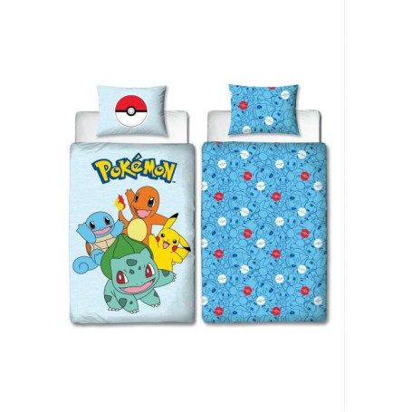 Parure de lit réversible - POKEMON - Pikachu et Starter 1G III - Microfibre - 1 housse de couette 140 x 200 cm + 1 taie 63 x 63