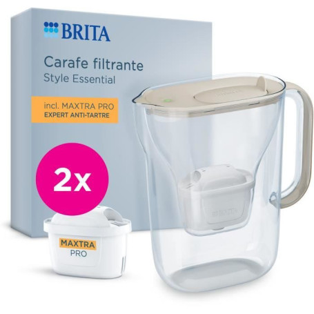 Carafe filtrante BRITA - Style Essential Sable - Capacité 2,4L dont 1,4L d'eau filtrée - 2 filtres Maxtra Pro Expert anti-tartre