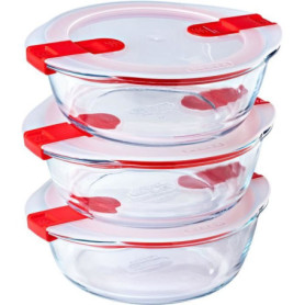 Lot de 3 lunch box - PYREX - Cook & Heat - Verre - Rond - Couvercle a valves vapeur spécial micro-onde - 1,1 L Lot de 3 lunch box - PYREX - Cook & Heat - Verre - Rond - Couvercle a valves vapeur spécial micro-onde - 1,1 L